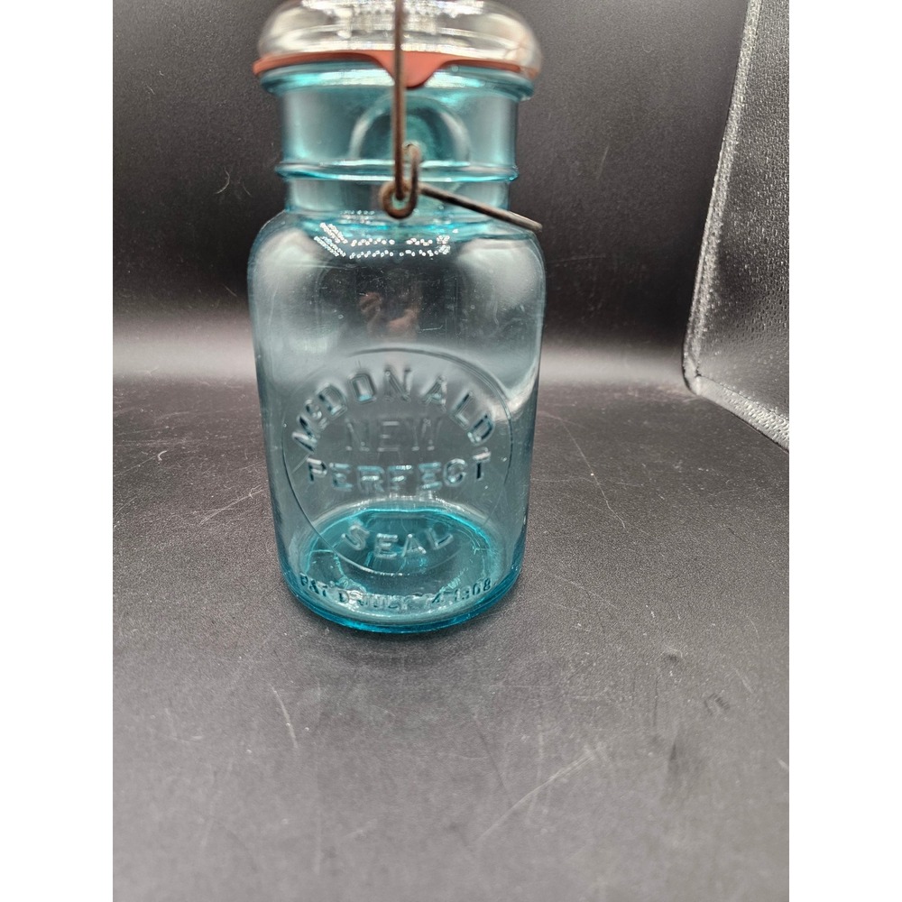 Vintage McDonald New Perfect Seal Aqua Blue Glass Canning JarPat July 14 1908 11